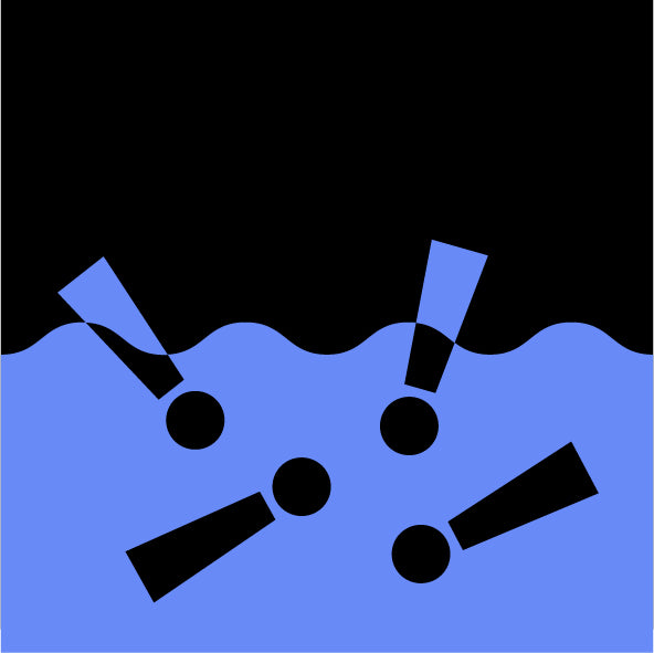 Black and blue graphic of exclamation marks in the water, representing sustainable impact on the ocean